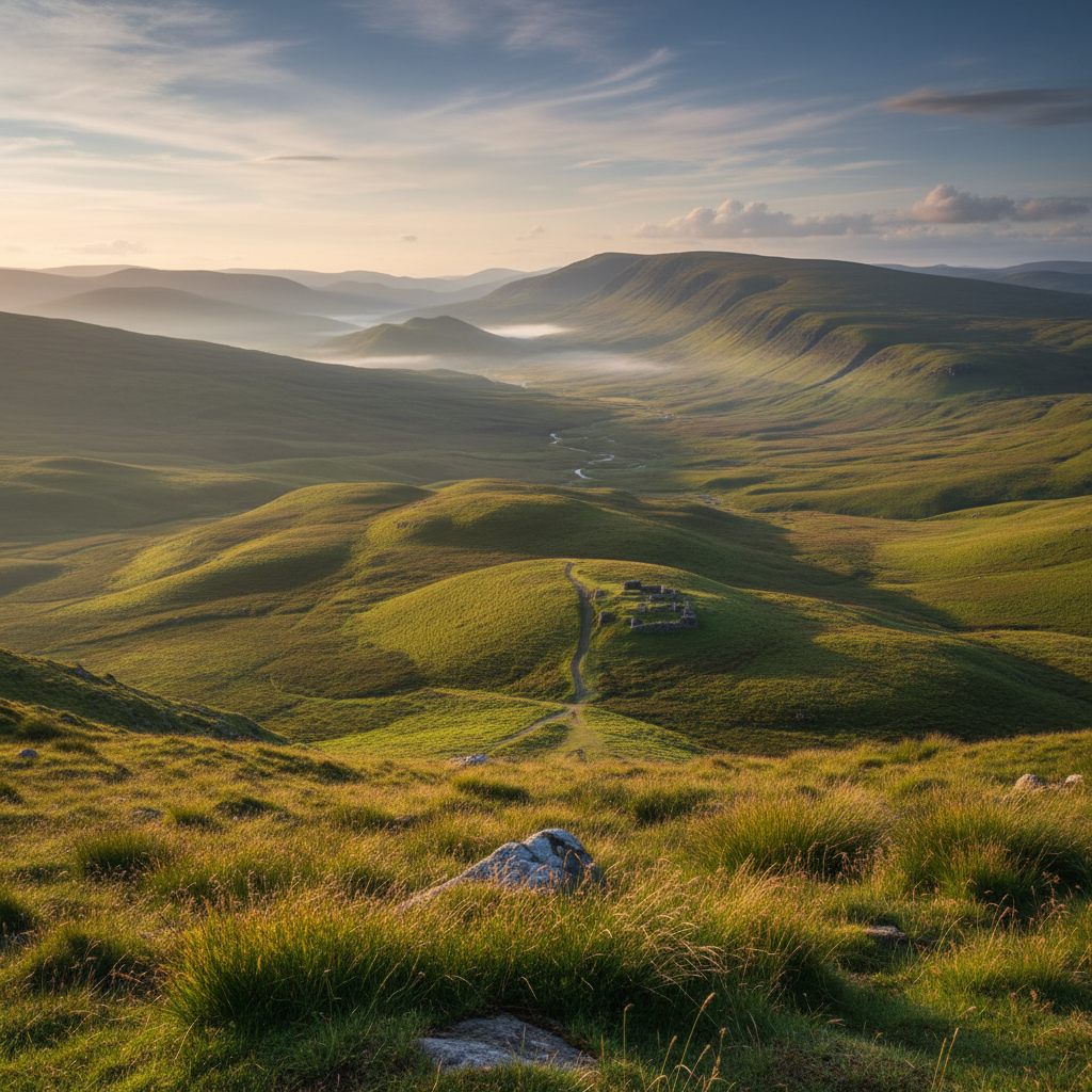 Rolling Scottish highlands in golden morning light with mist in the valleys