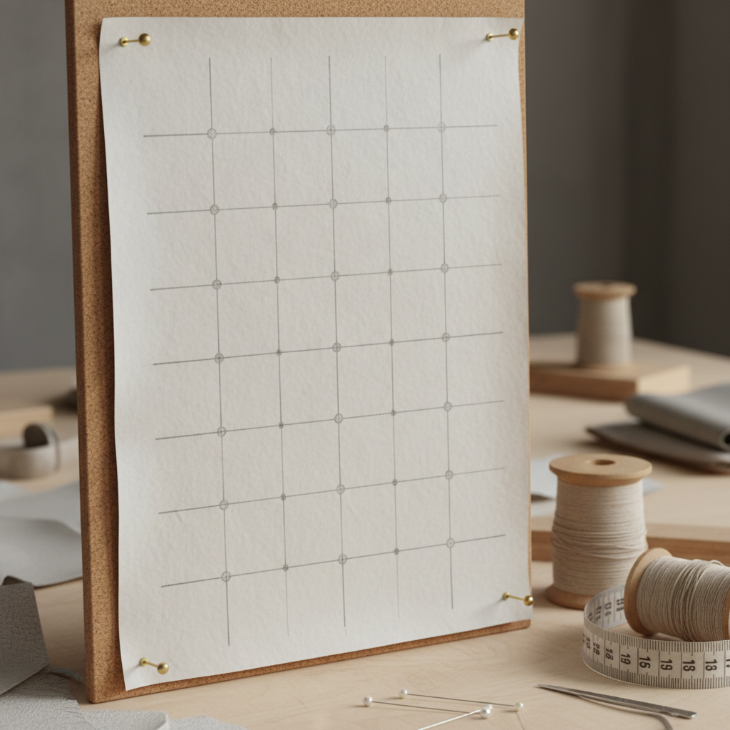 Grid pattern drawn on paper for button tufting layout reference