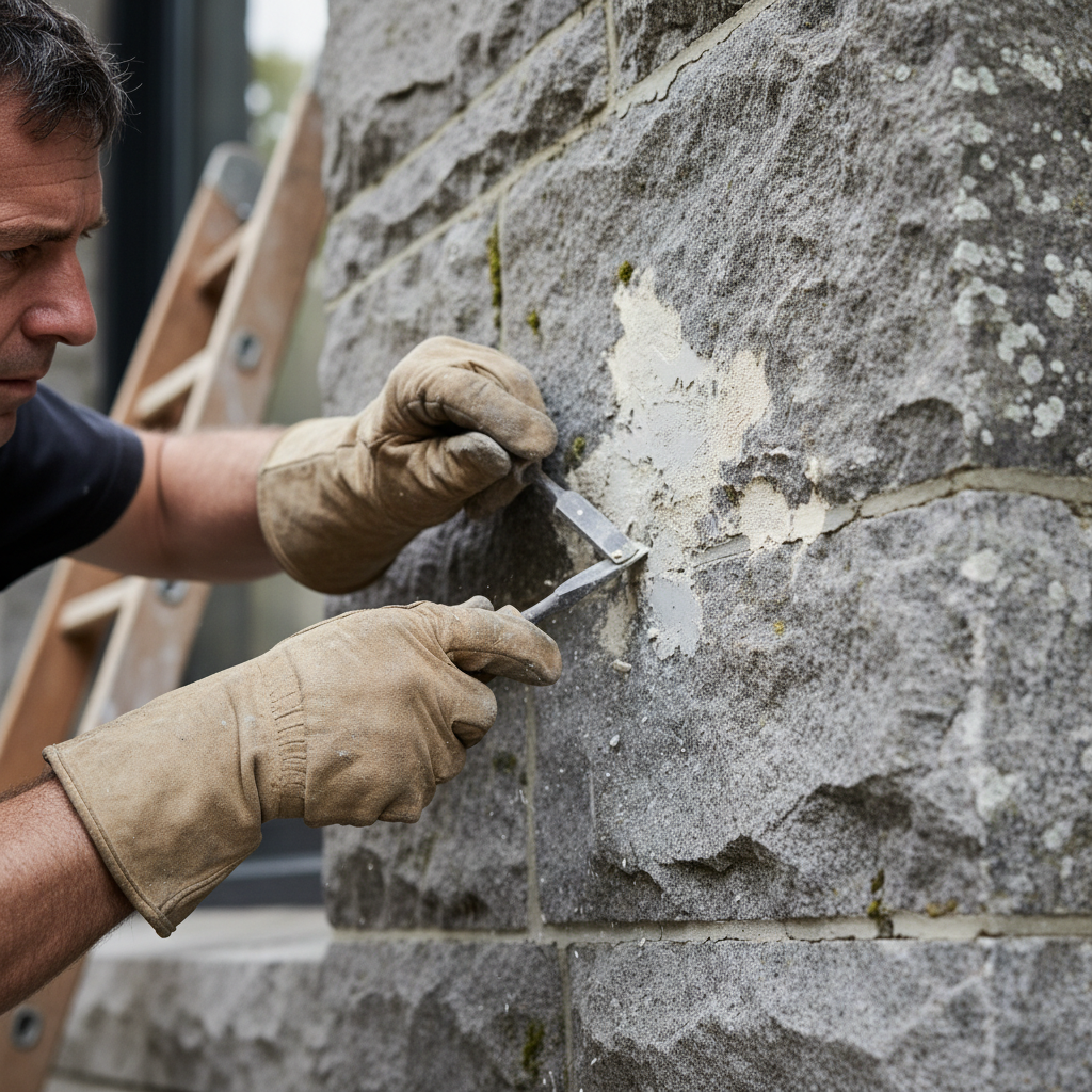 Masonry worker carefully removing incompatible Portland cement patches by hand chisel from 1903 greystone facade