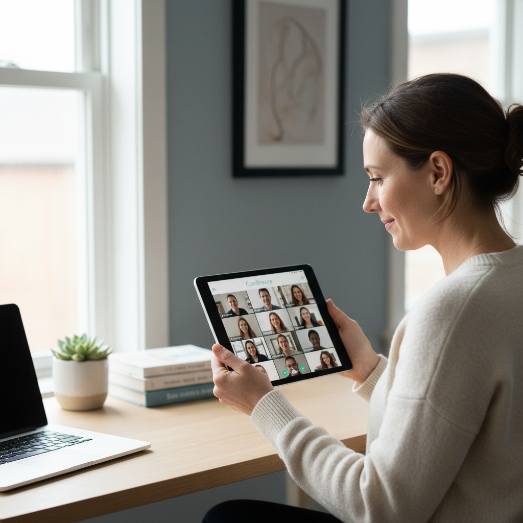 Woman smiling while streaming video on smartphone