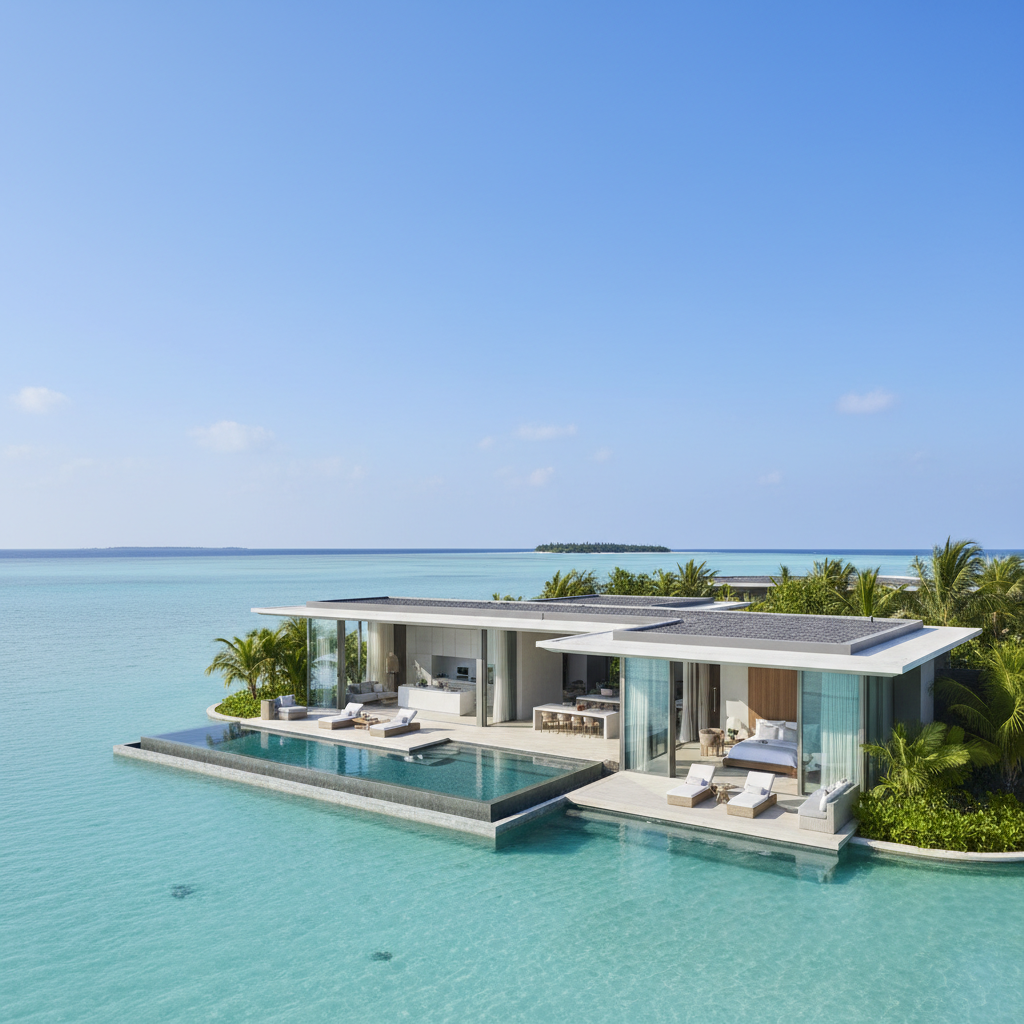 Luxurious overwater villa interior with floor-to-ceiling glass walls, king bed with white linen, ocean view stretching to horizon