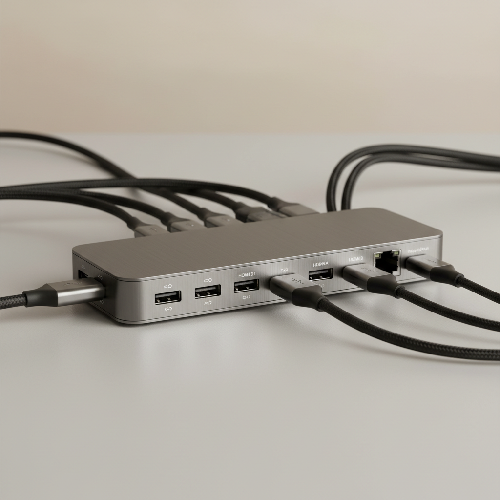 USB-C hub with multiple ports connected to a laptop, flat lay on grey background