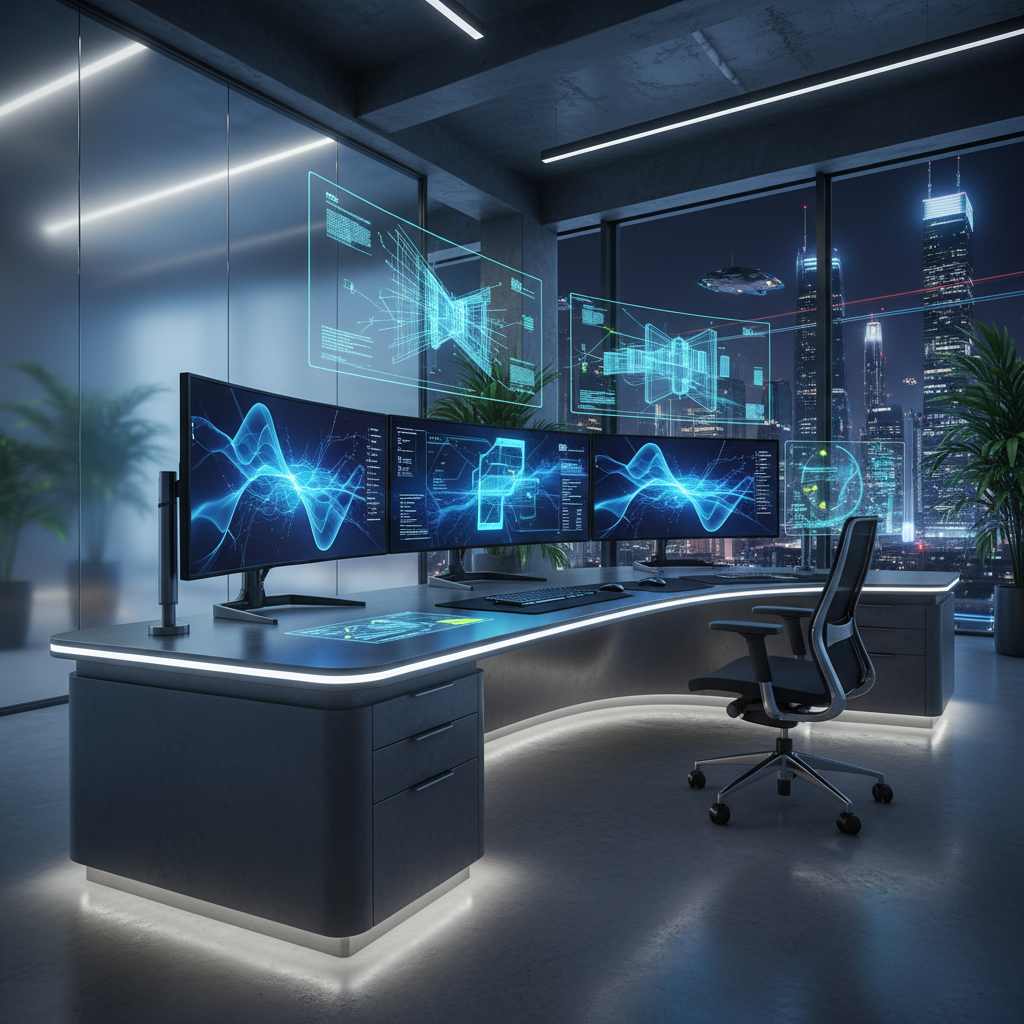 YouTube thumbnail hero image showing a futuristic digital workspace with glowing screens