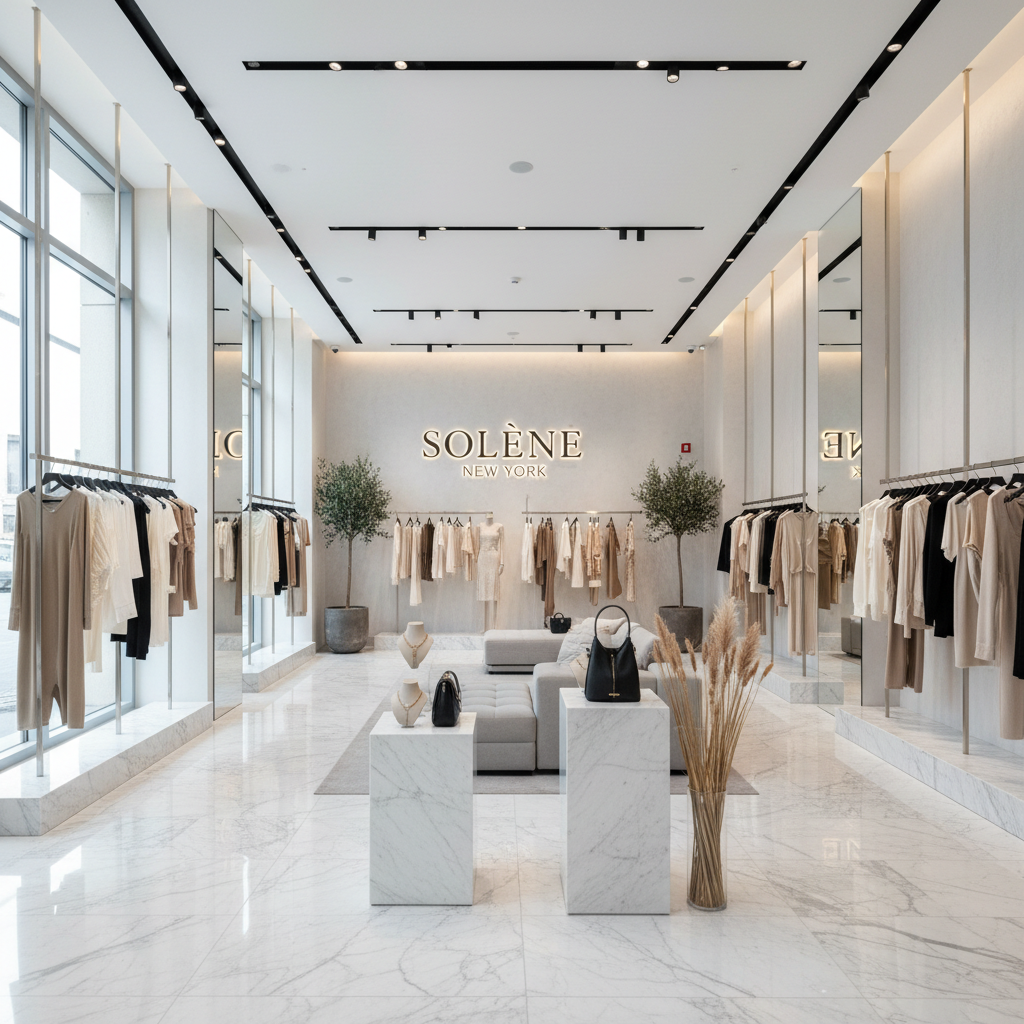Solène New York flagship interior — minimalist fashion store with marble floors and curated product displays