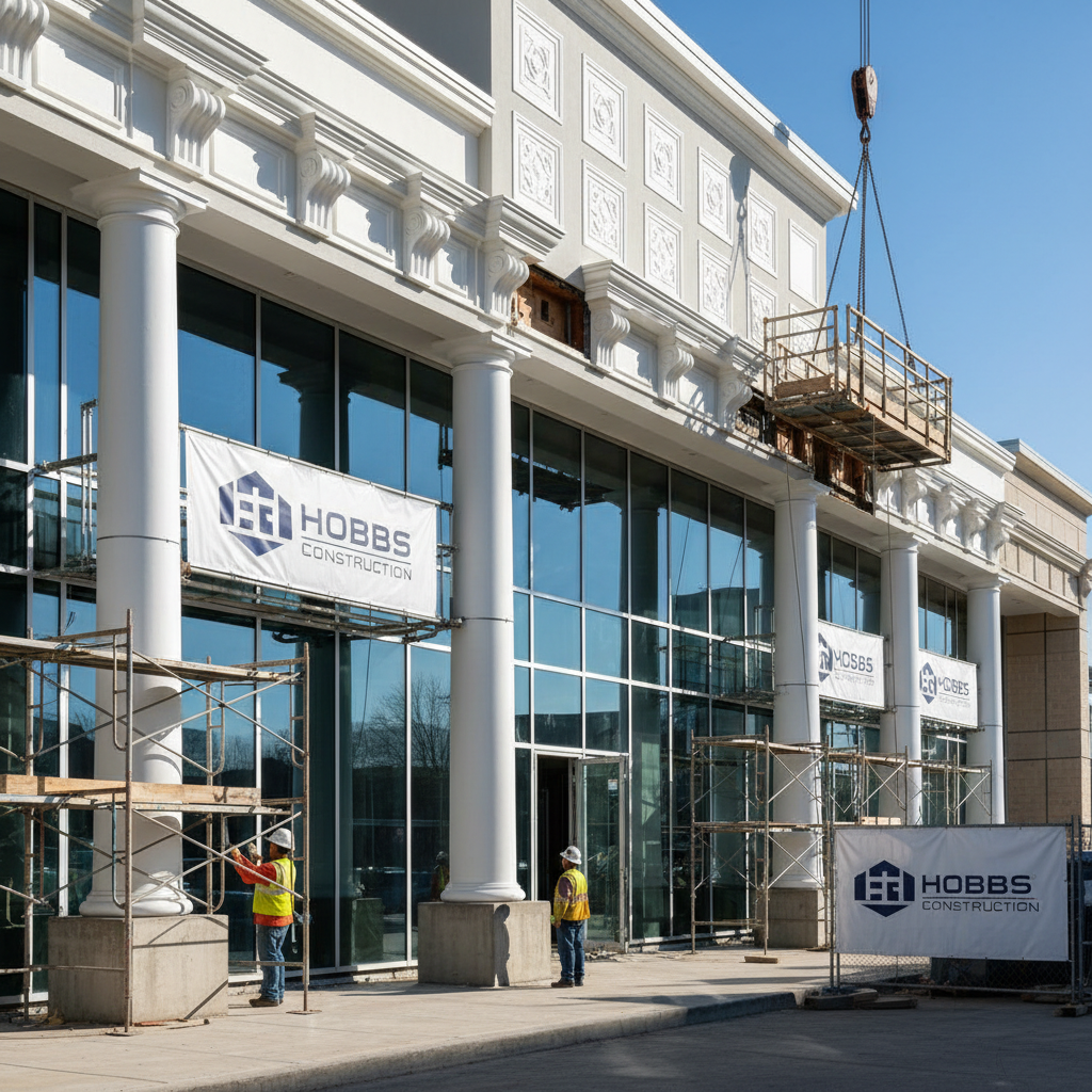 Hobbs building new construction with architectural fiberglass columns and decorative elements, modern commercial building exterior, natural daylight