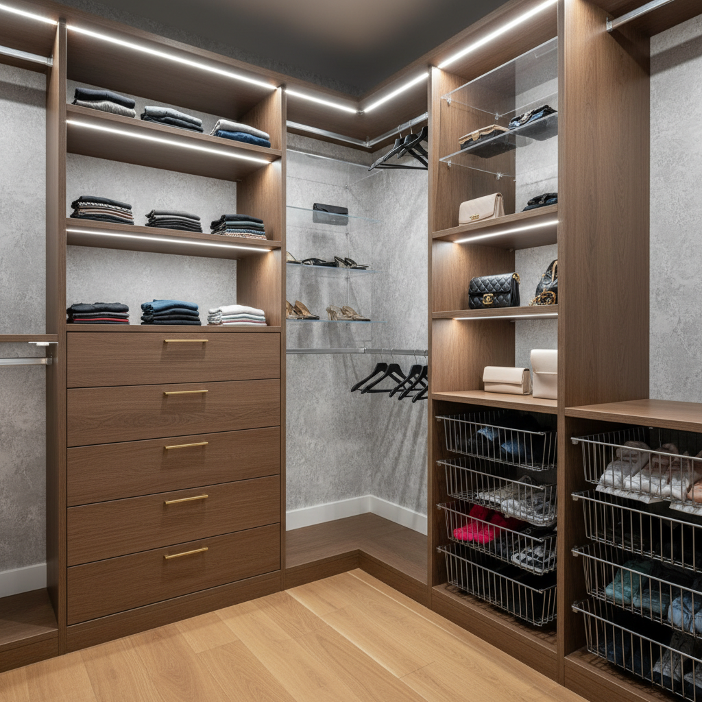 Closet walk-in moderno con iluminación LED integrada, estantes de madera blanca y organización de lujo