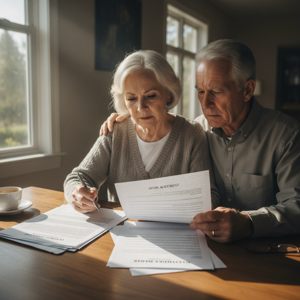 Elderly couple reviewing mortgage documents with concerned expressions