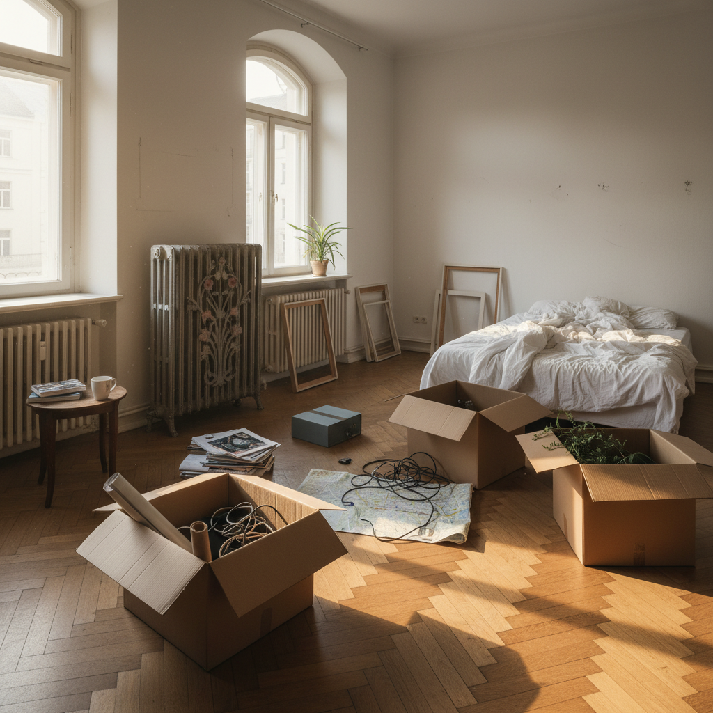 Half-packed Berlin apartment with parquet floors, cardboard boxes beside a Jugendstil radiator and morning light through tall windows