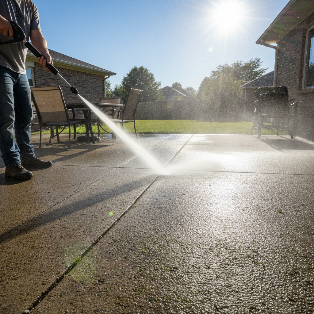 Industrial hot water pressure washer with steam rising from cleaning concrete surface