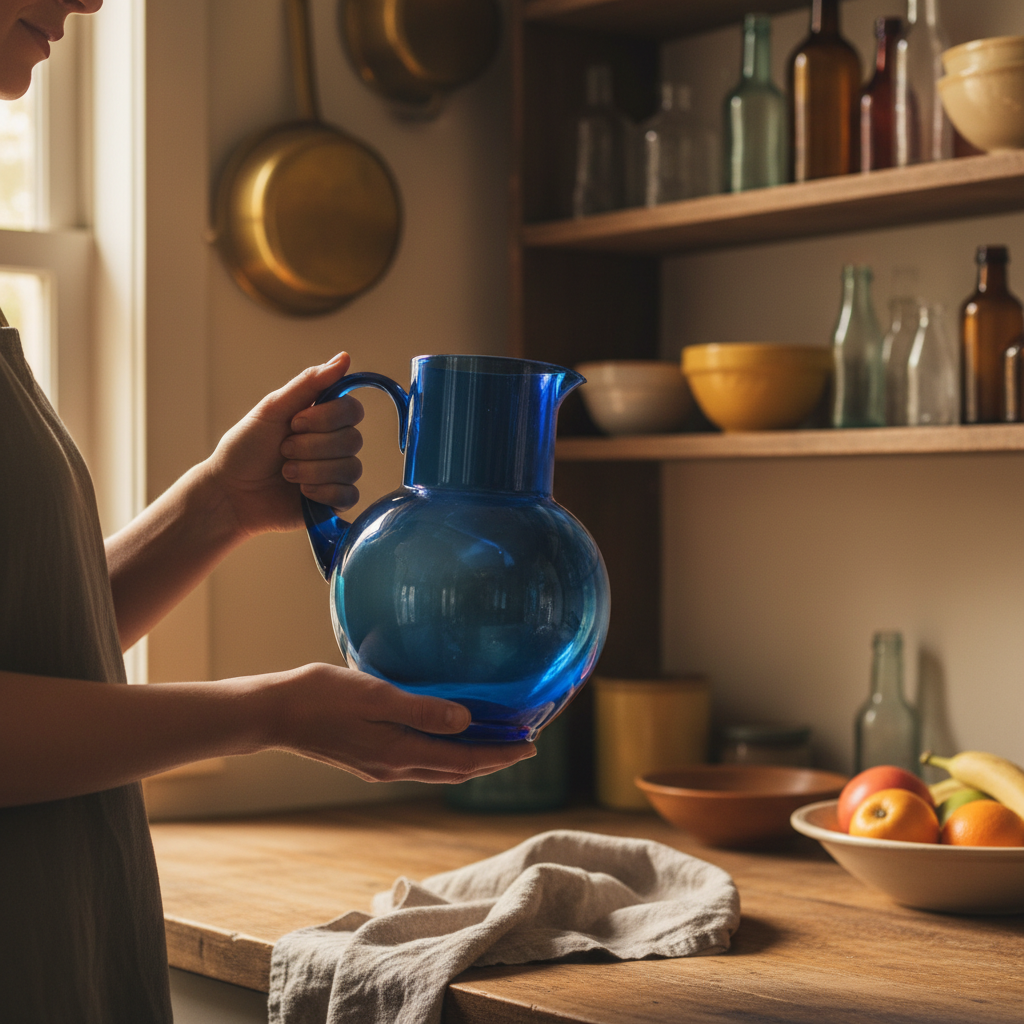 Priya Nambiar, vintage kitchenware seller, woman holding a cobalt glass pitcher