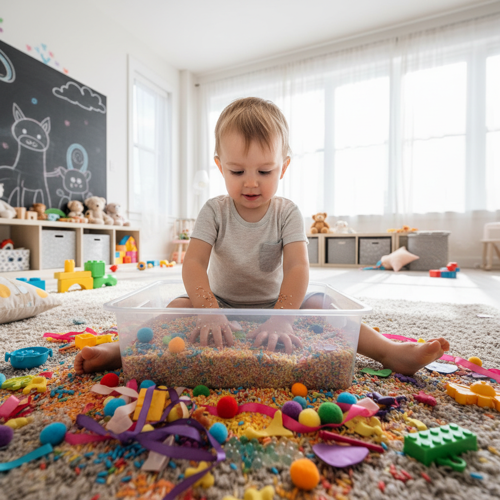 Child playing with colorful sensory materials during an occupational therapy session
