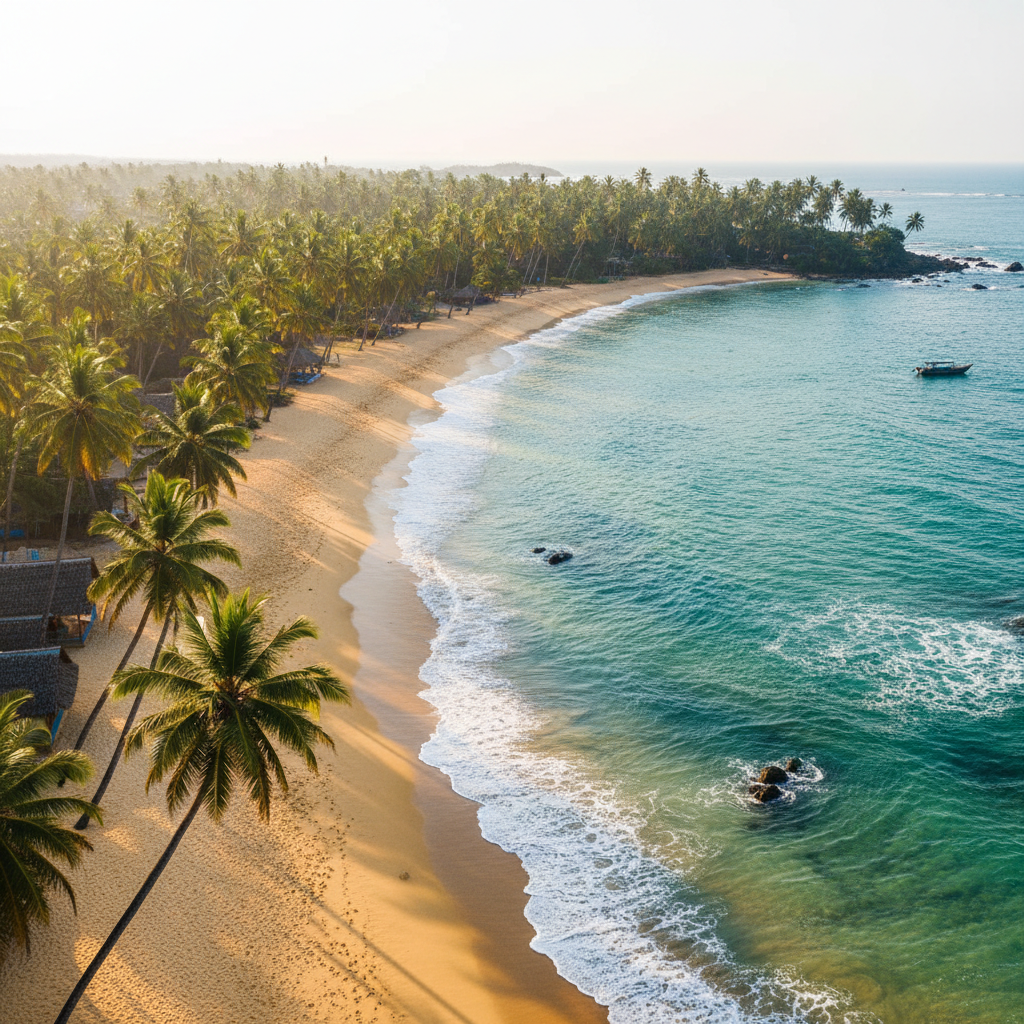 Mirissa Beach Sri Lanka, palm-fringed crescent bay, turquoise water, sunny tropical afternoon