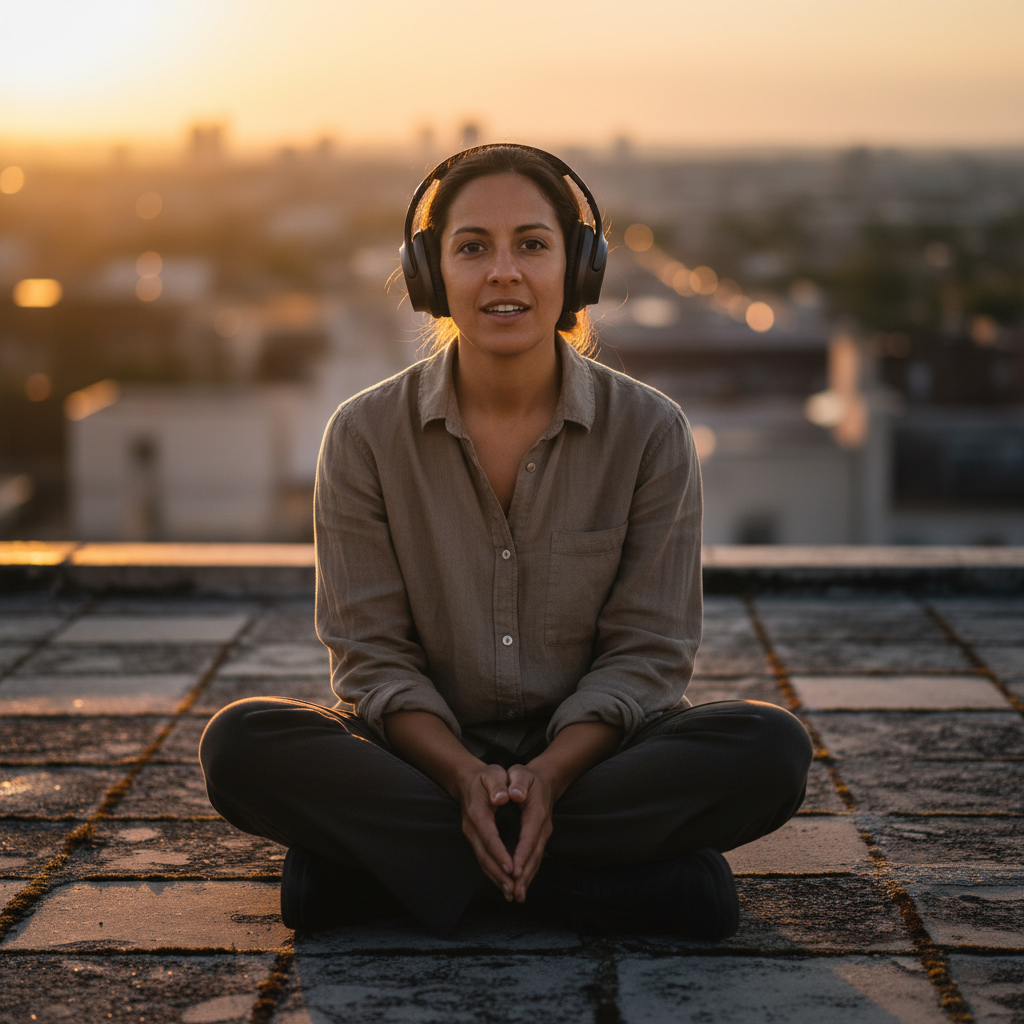 A confident software engineer speaking to camera from a rooftop at golden hour, city skyline visible behind her