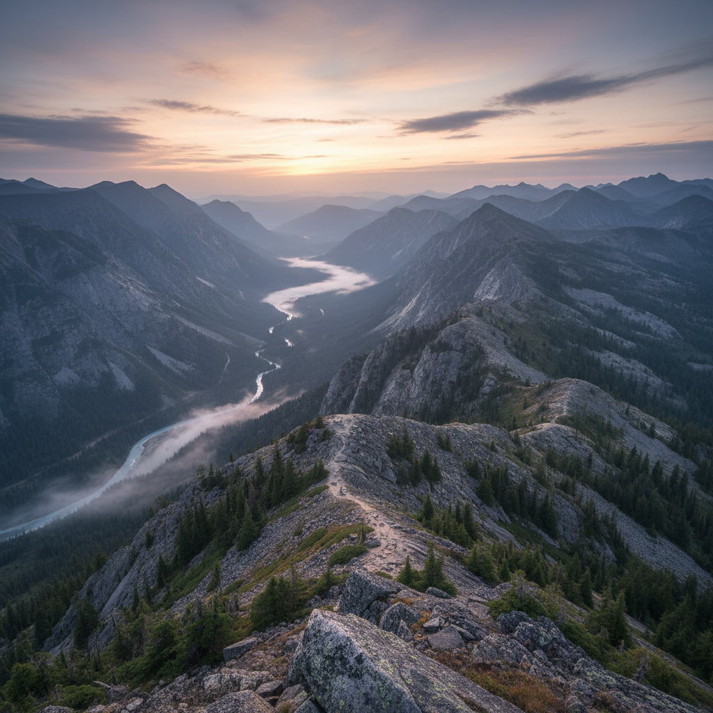 Misty green mountain valley with winding river at sunrise