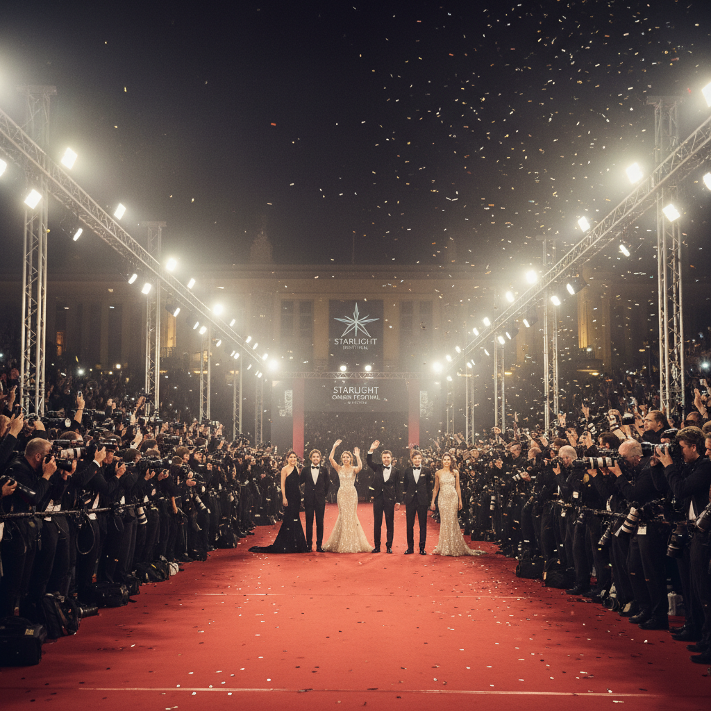 Bright red carpet film premiere with warm golden spotlights, elegant crowd in evening wear, festive atmosphere