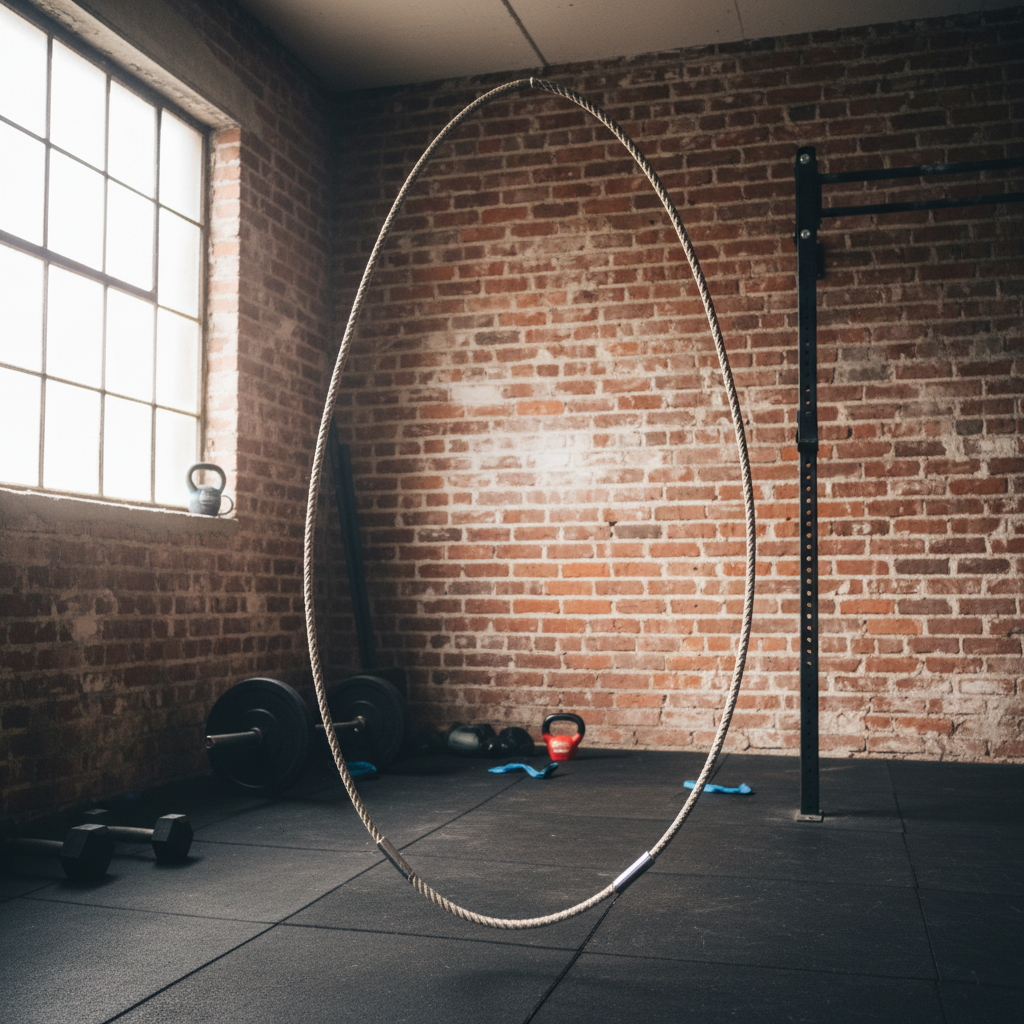 Jump rope frozen in perfect arc against brick wall, garage gym setting