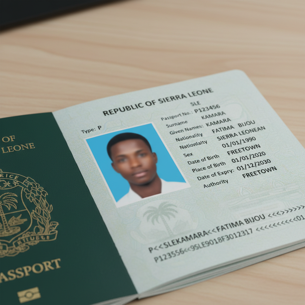 Open passport booklet showing personal data page with photo and machine-readable zone