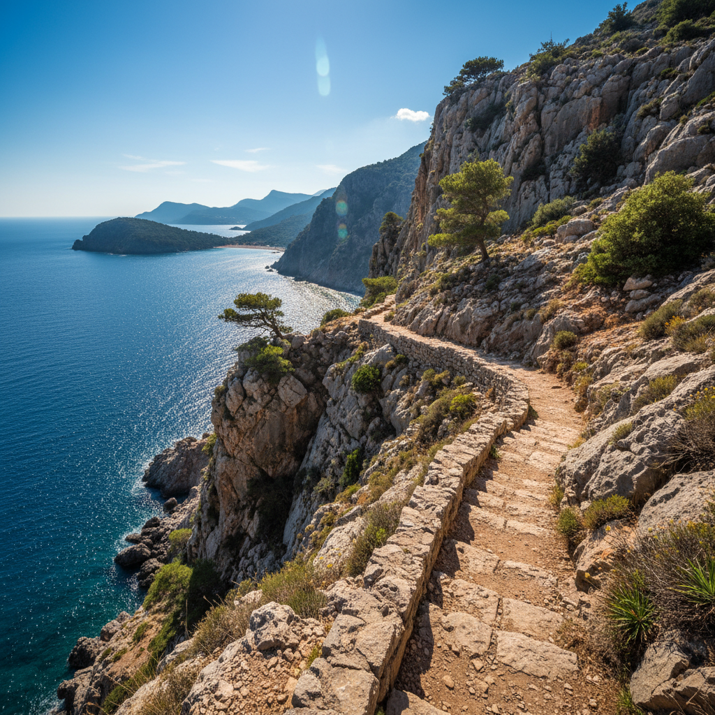 Rocky Lycian Way trail winding along cliffs above brilliant turquoise Mediterranean sea