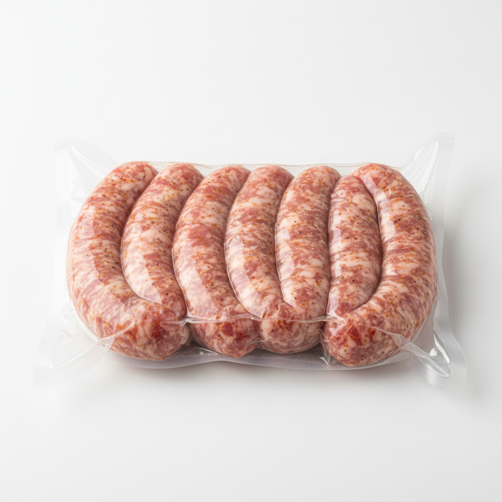 Frozen chicken sausages on clean white surface, bright studio lighting, professional food photography