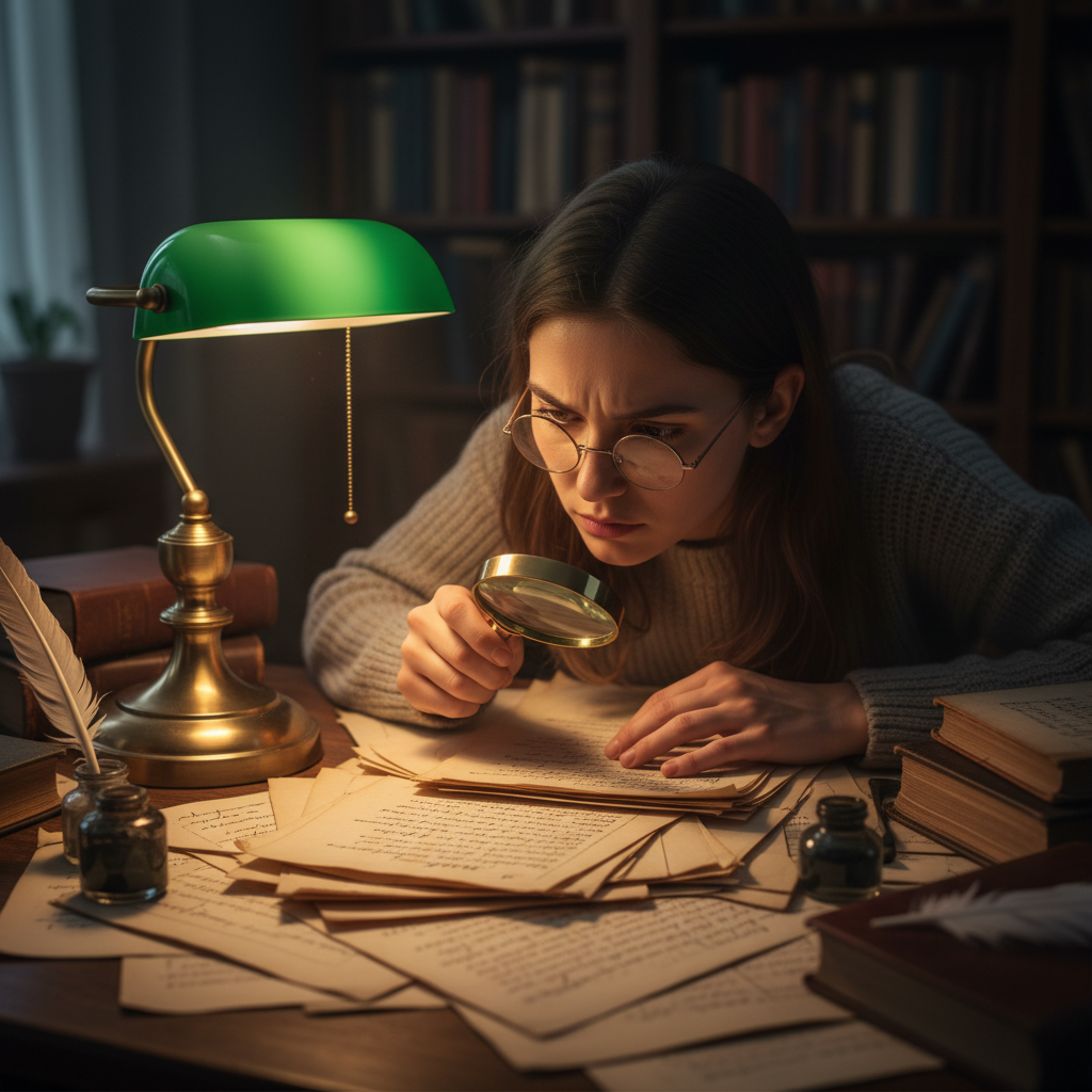 Person reviewing documents at a tidy desk, warm desk lamp, dark wood surface, organized workspace