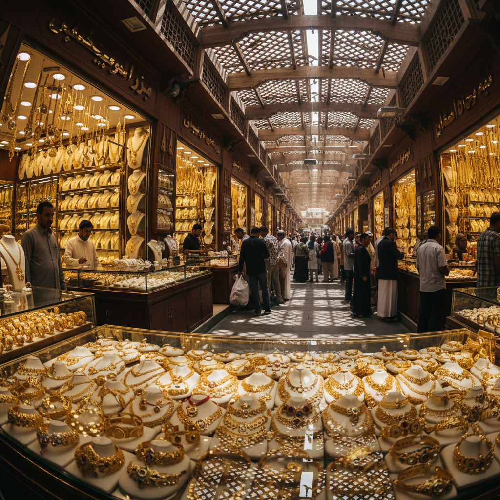 Gold Souk Dubai with traditional jewelry displays and shoppers