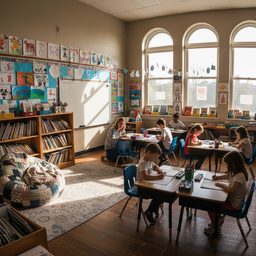 Teacher engaging with students in warm sunlit classroom