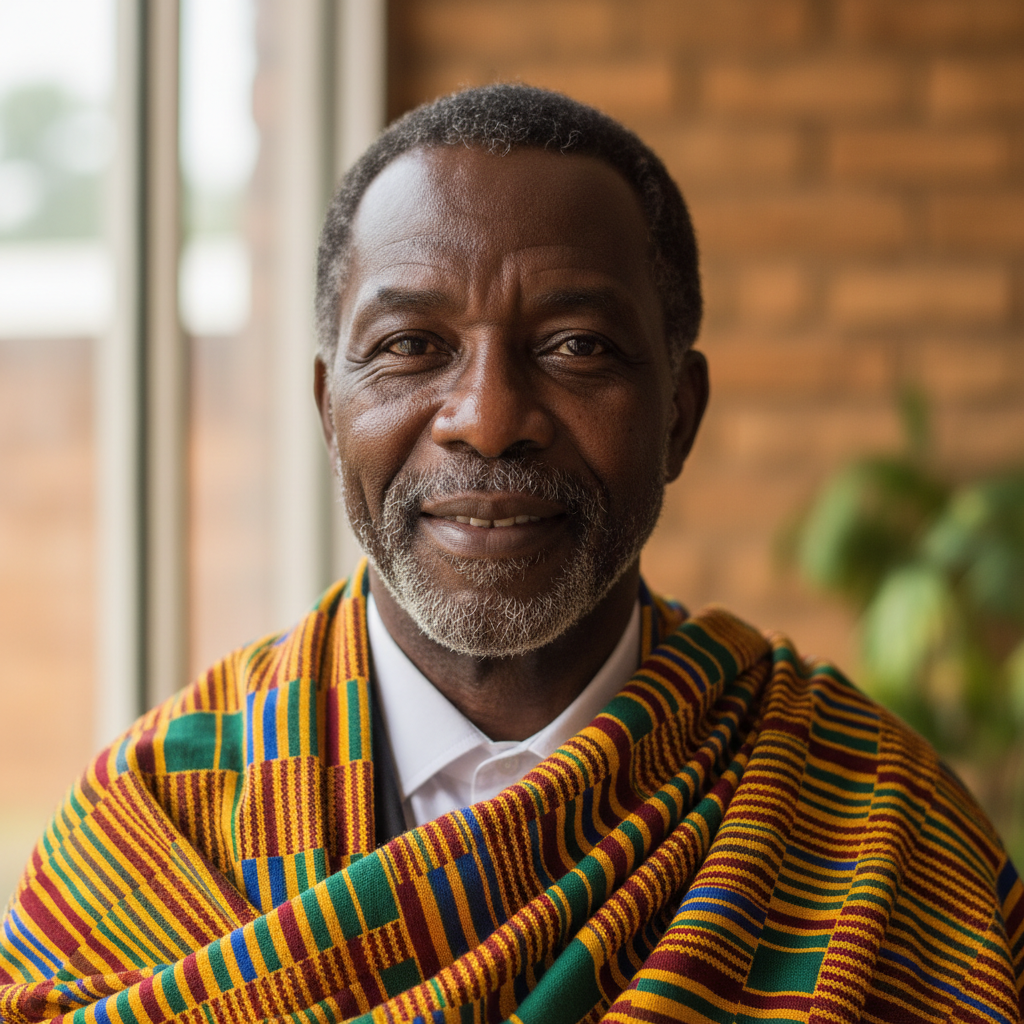 Portrait of a Ghanaian man, intellectual expression, warm ambient lighting