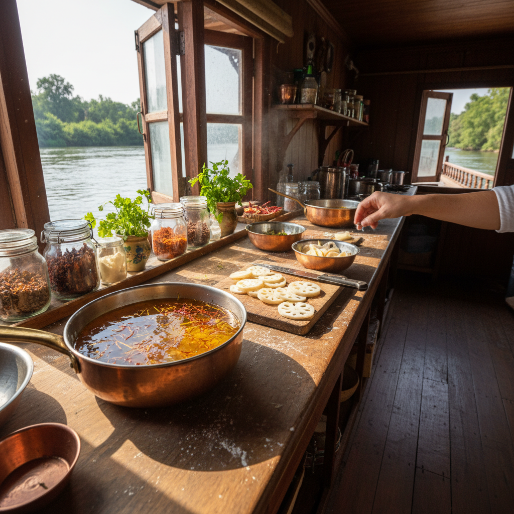 Houseboat kitchen mid-preparation with copper pots, saffron strands, and lotus root on a wooden counter that bobs with the current