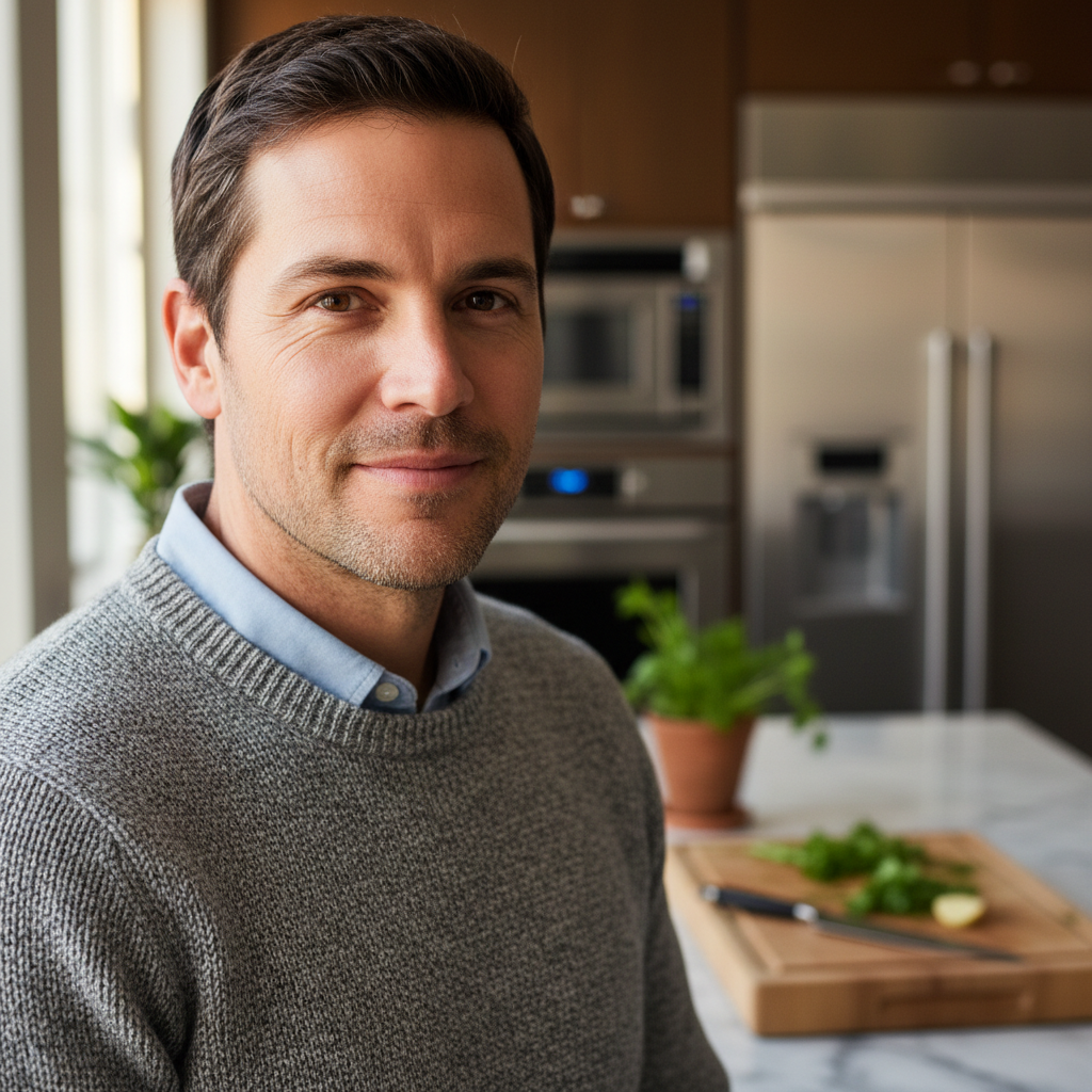 Marcus Alderton, principal contractor at Alder and Stone, standing in a completed kitchen renovation