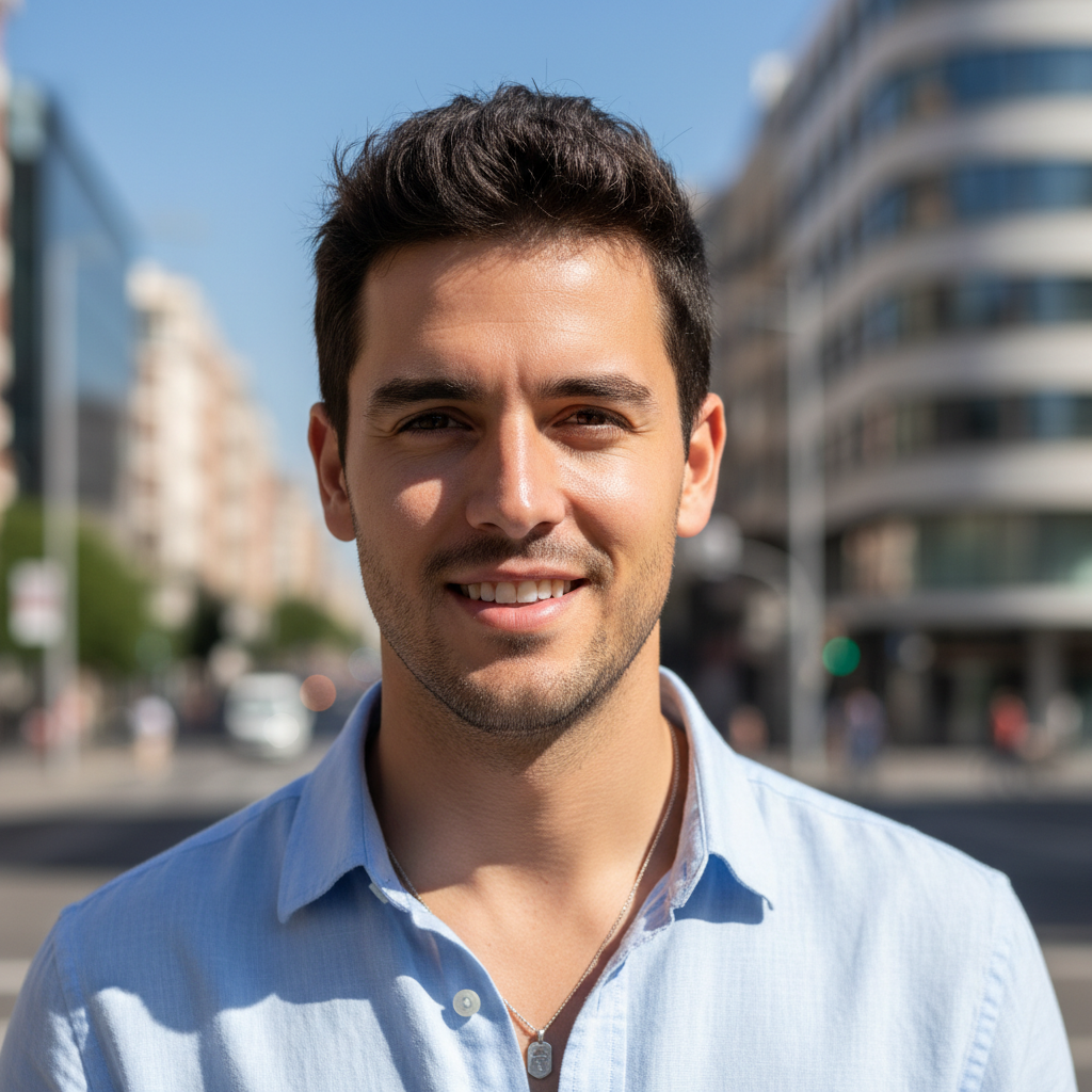 Young man with dark hair smiling outdoors, casual portrait, bright daylight background