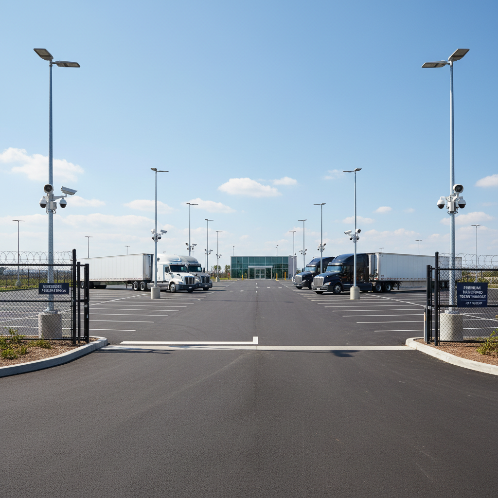 Premium truck parking facility with paved bays and security cameras