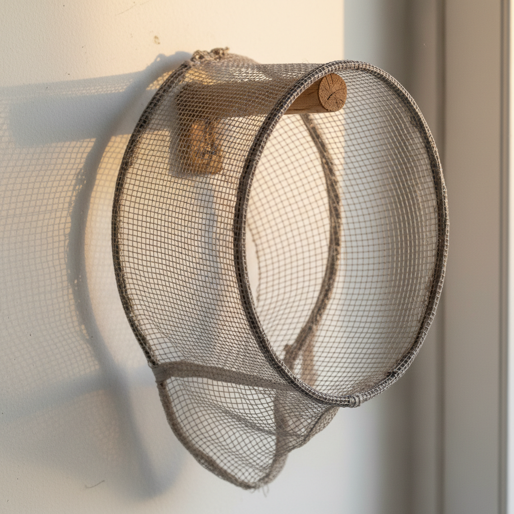 Round fencing veil hanging on a wooden peg against a white wall, mesh catching afternoon light