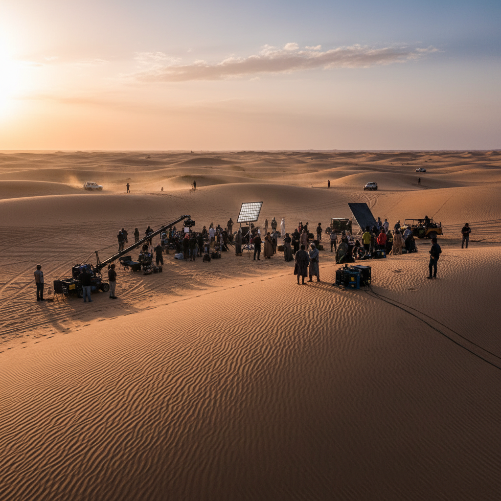 Wide shot of desert location film shoot at golden hour with long shadows