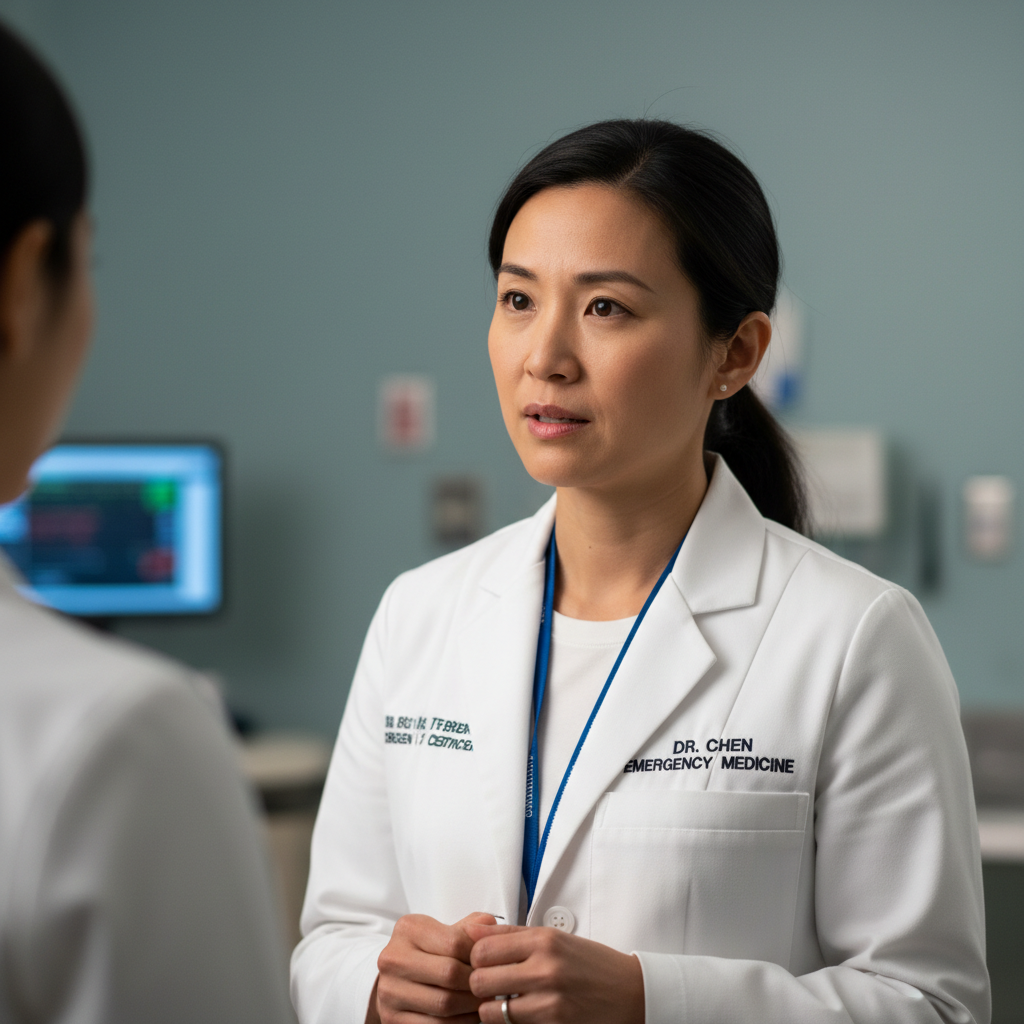Board-certified emergency physician in white coat, mid-conversation, eyes sharp and attentive against a soft clinical background