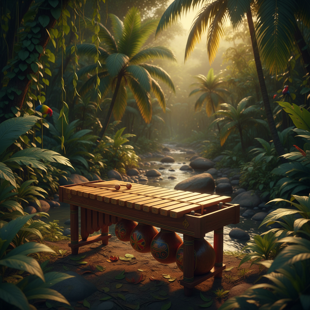 Instrumento marimba de chonta con teclas de madera en un entorno tropical del Pacífico colombiano, exuberante fondo de selva verde, luz dorada de última hora de la tarde