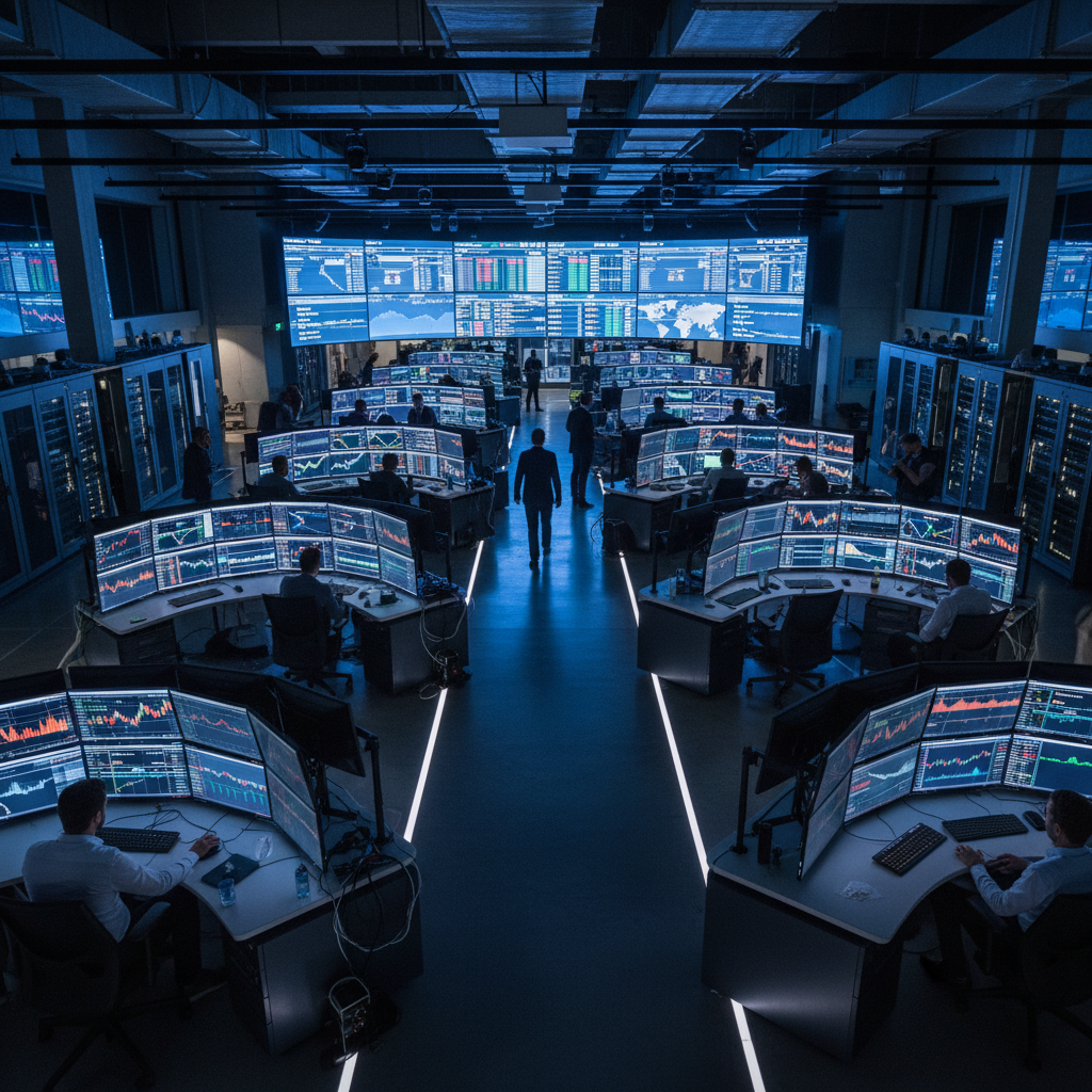 Financial technology trading floor with real-time data analytics displays