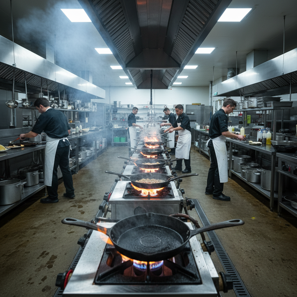 Open flame cooking in an industrial venue kitchen with portable stations and cast iron pans