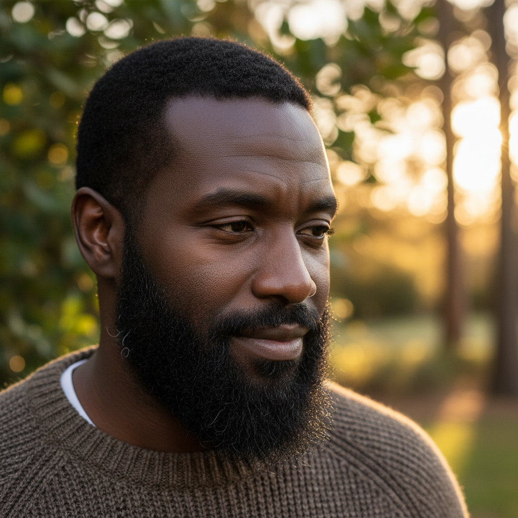 Black man in his 40s with beard, looking thoughtful, outdoor setting