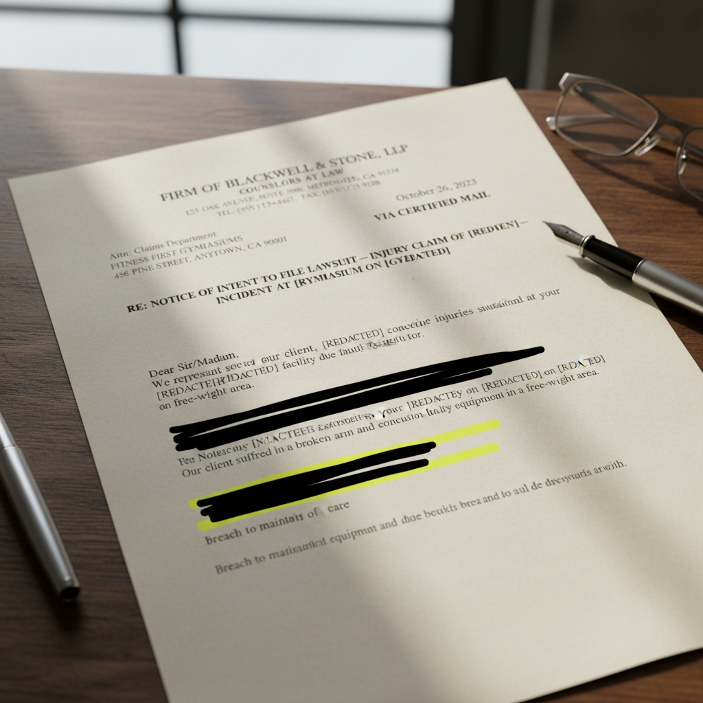 A formal legal letter on a desk with a gym liability claim, partially redacted with highlighted sections