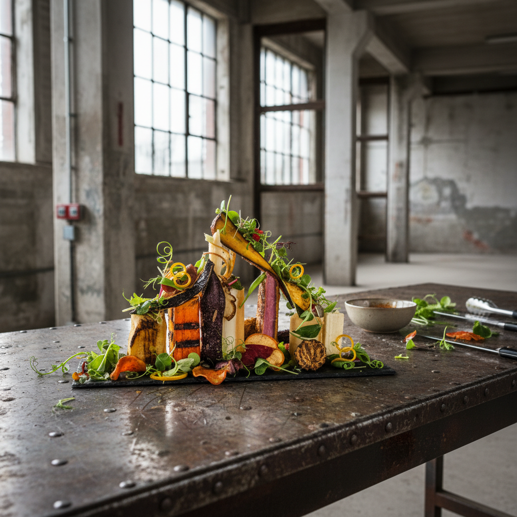Half-finished plate of sculptural food with garnish still intact at industrial venue table