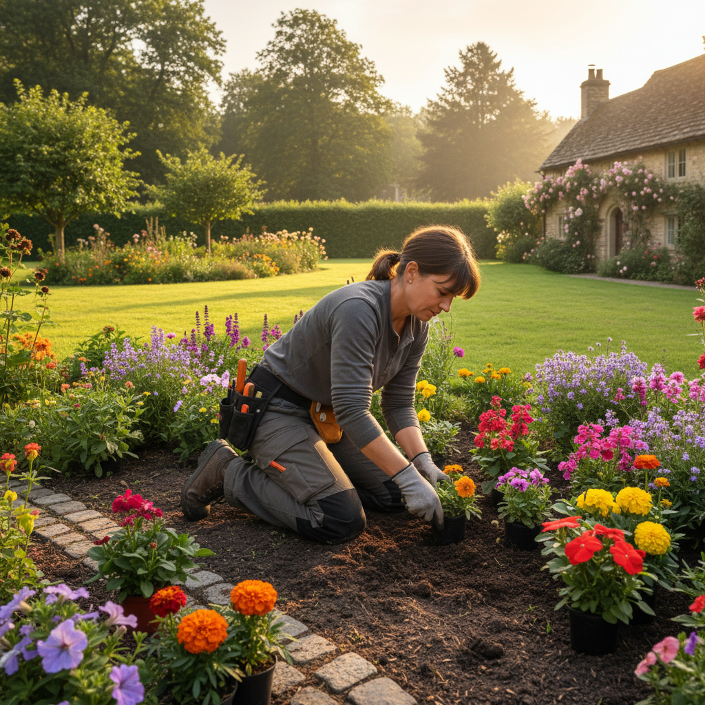 Gardener maintaining a well-kept residential garden with tools on a bright morning