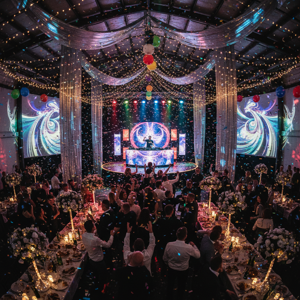 Birthday party with colourful disco lights, crowd dancing, festive atmosphere