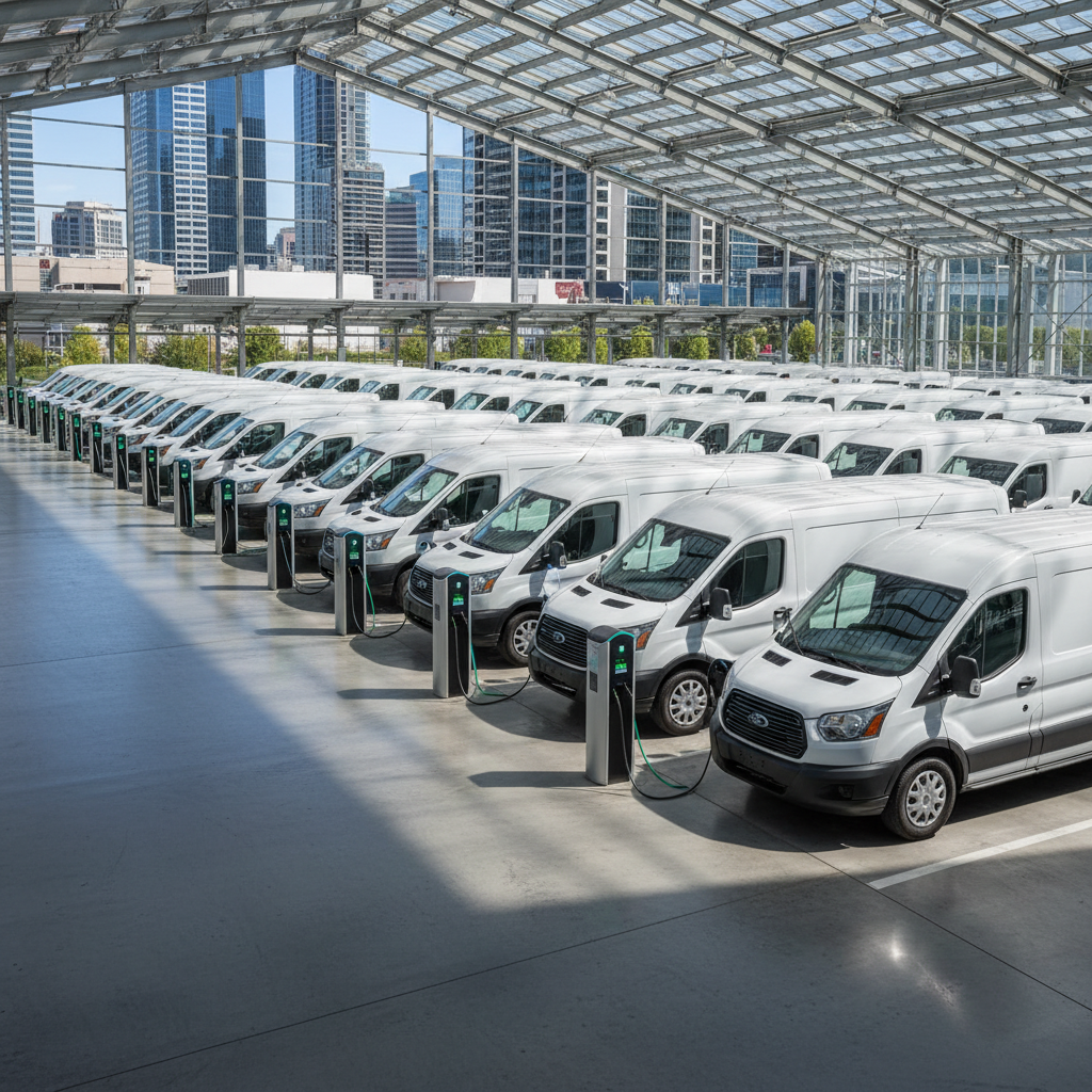 Fleet of white Ford Transit vans after EV conversion parked in urban depot with charging stations