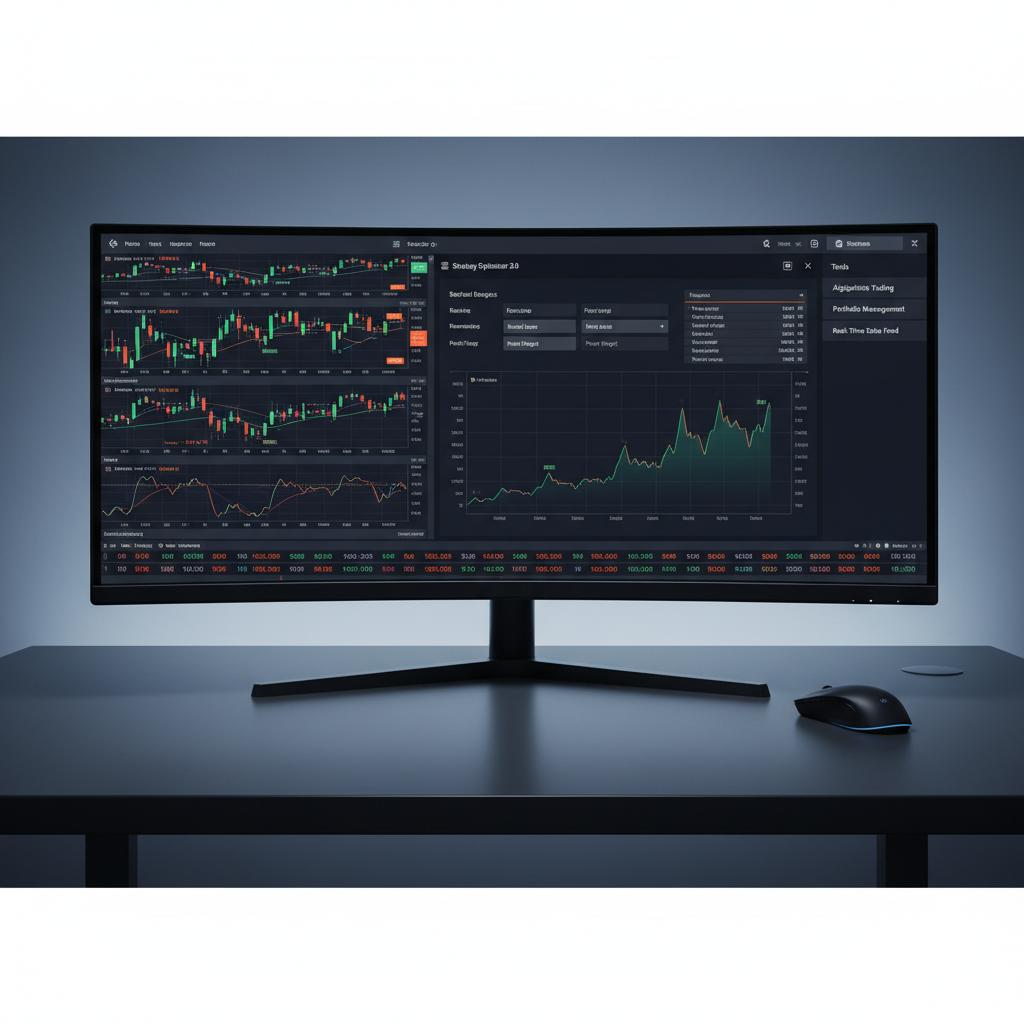 Financial charts and graphs on dark monitor screen, trading interface, low-key professional lighting