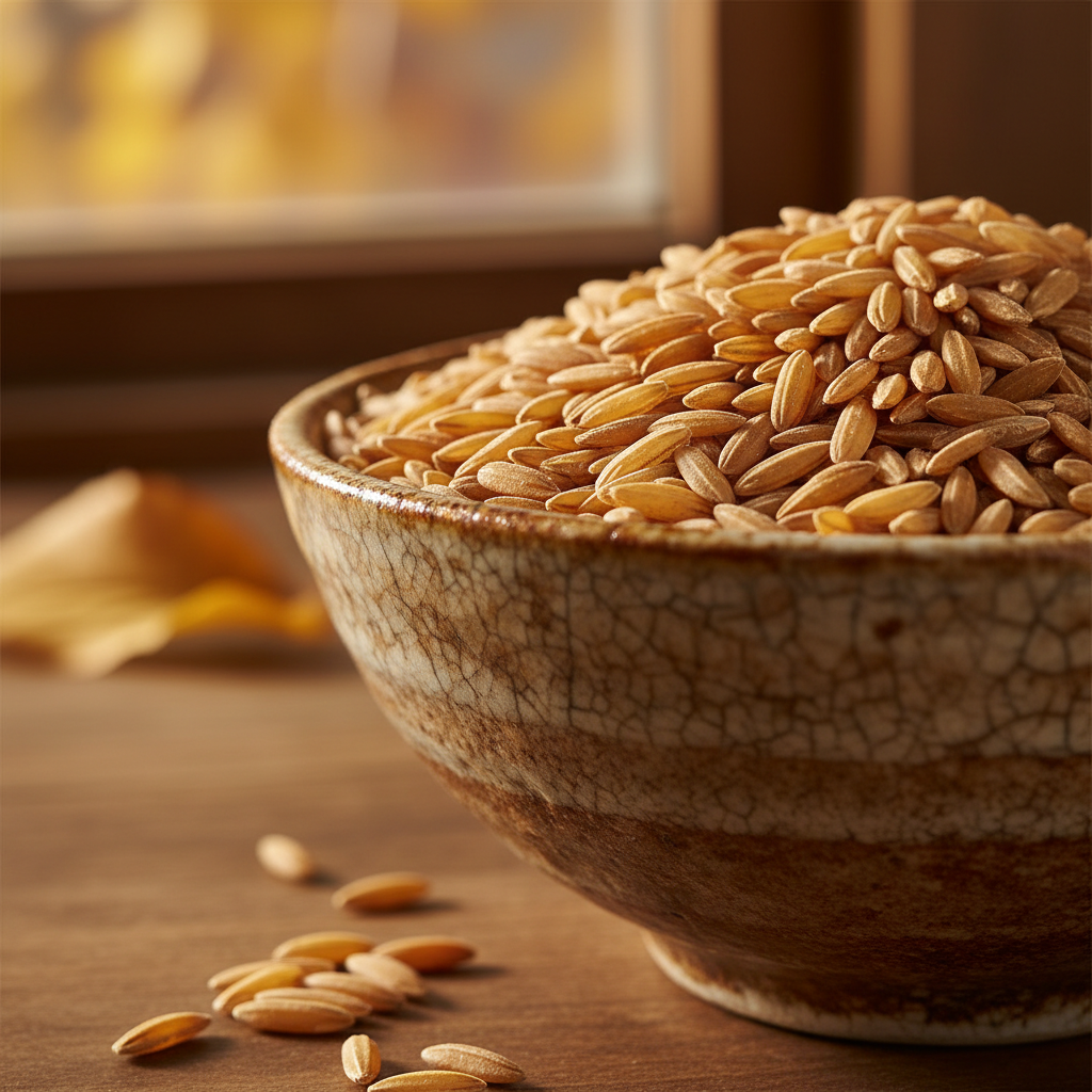 Golden heritage rice grains on dark slate surface with dramatic lighting