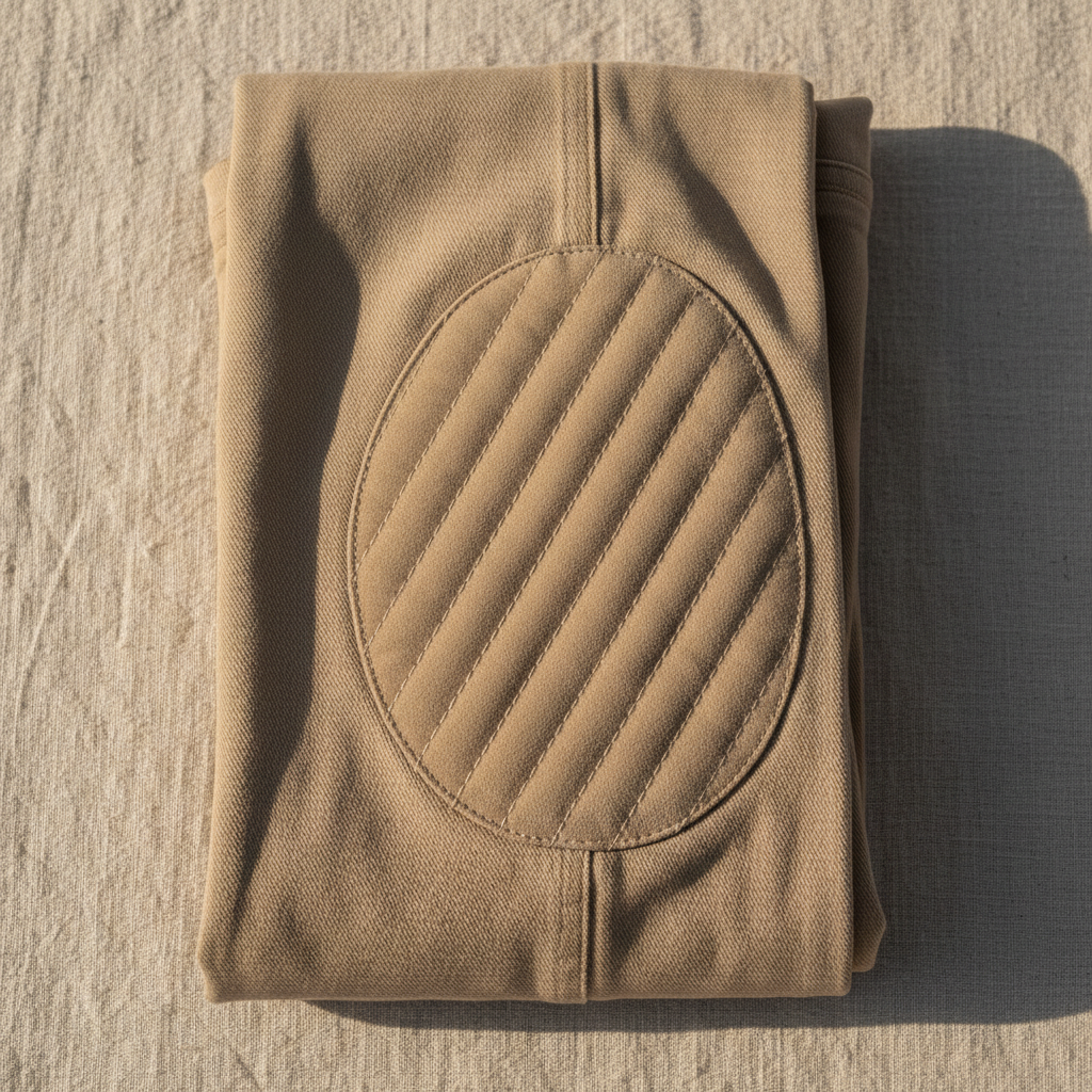Folded beige jodhpurs showing the reinforced knee patch detail on a linen background, warm natural light