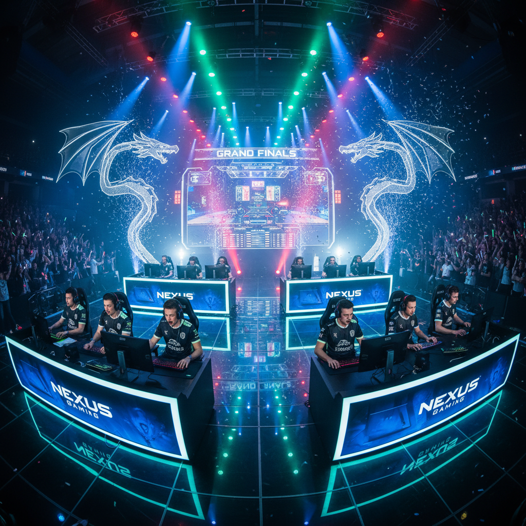 Large gaming event stage with dramatic lighting and players competing under spotlights