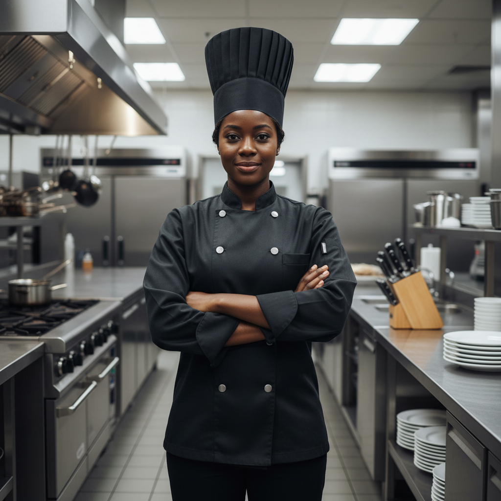 Confident African woman chef in professional kitchen, warm natural light, welcoming expression