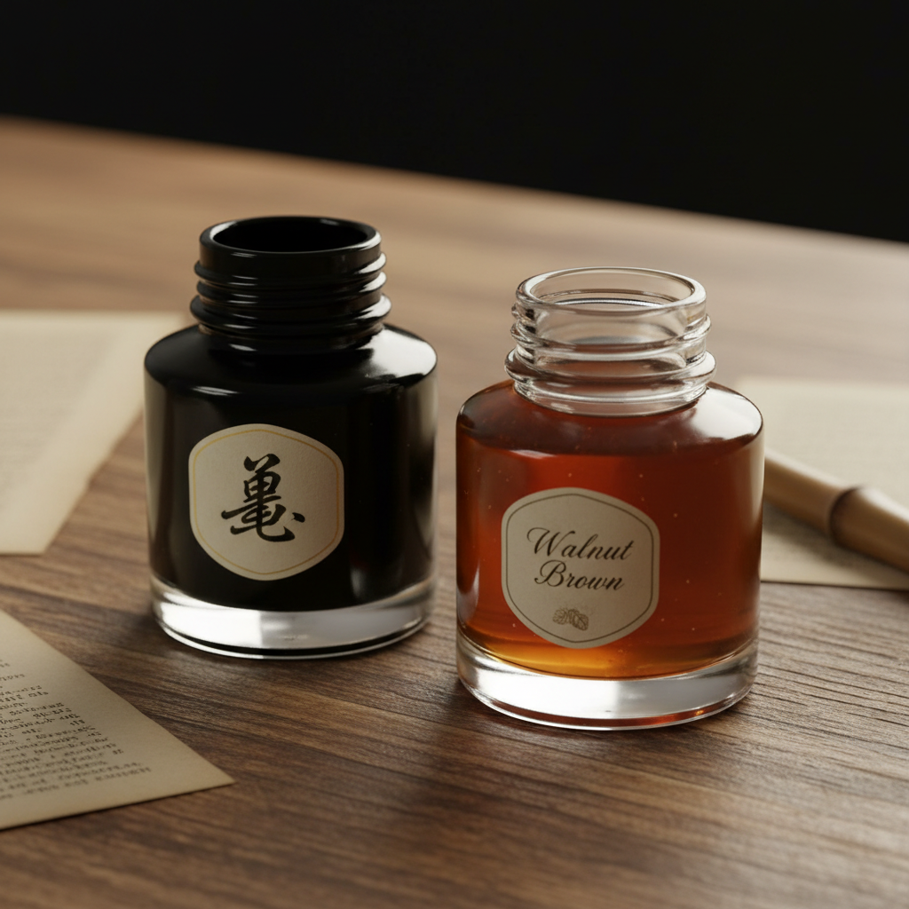 Glass ink bottles with deep sumi black and walnut brown inks on a wooden desk