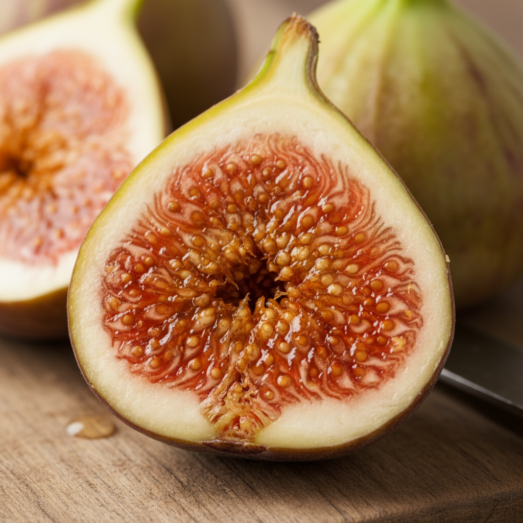 Large Calimyrna fig cross-section showing golden flesh and amber interior with prominent seeds